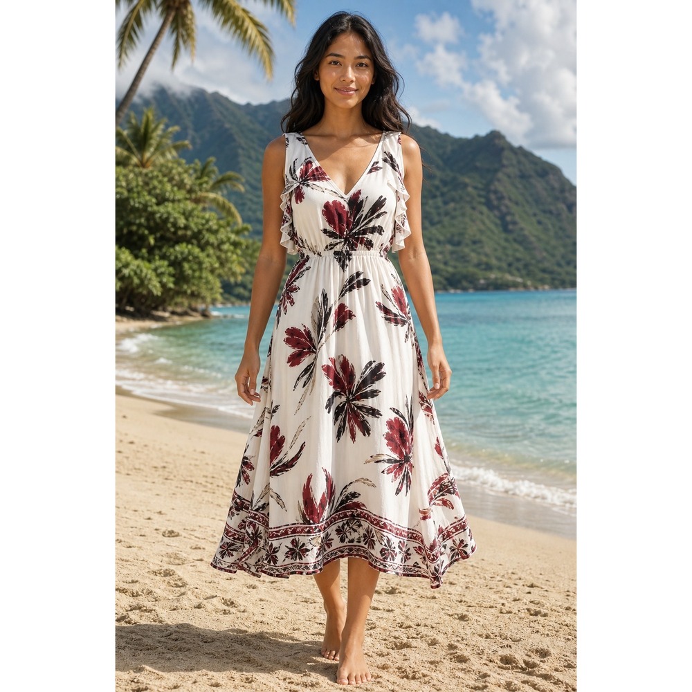 White House Black Market Floral Cold Shoulder Tassel Tie Dress Red Tan 4